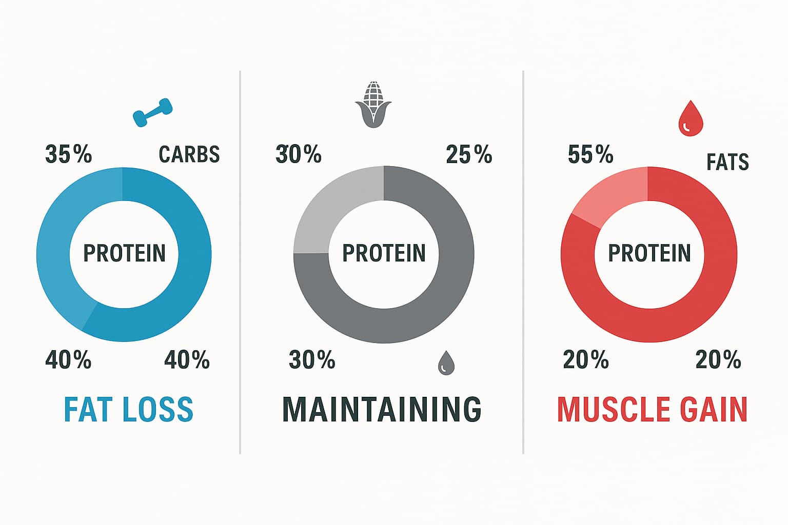 Visual de platos para pérdida de grasa, mantenimiento y ganancia muscular